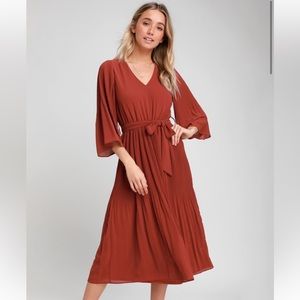Flirty And Thriving Rust Red Pleated Midi Dress